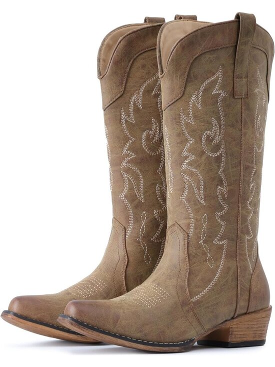 Shoes - Women's Mid Calf Brown Fashion Cowgirl Boots with Embroidery Western Snip Toe